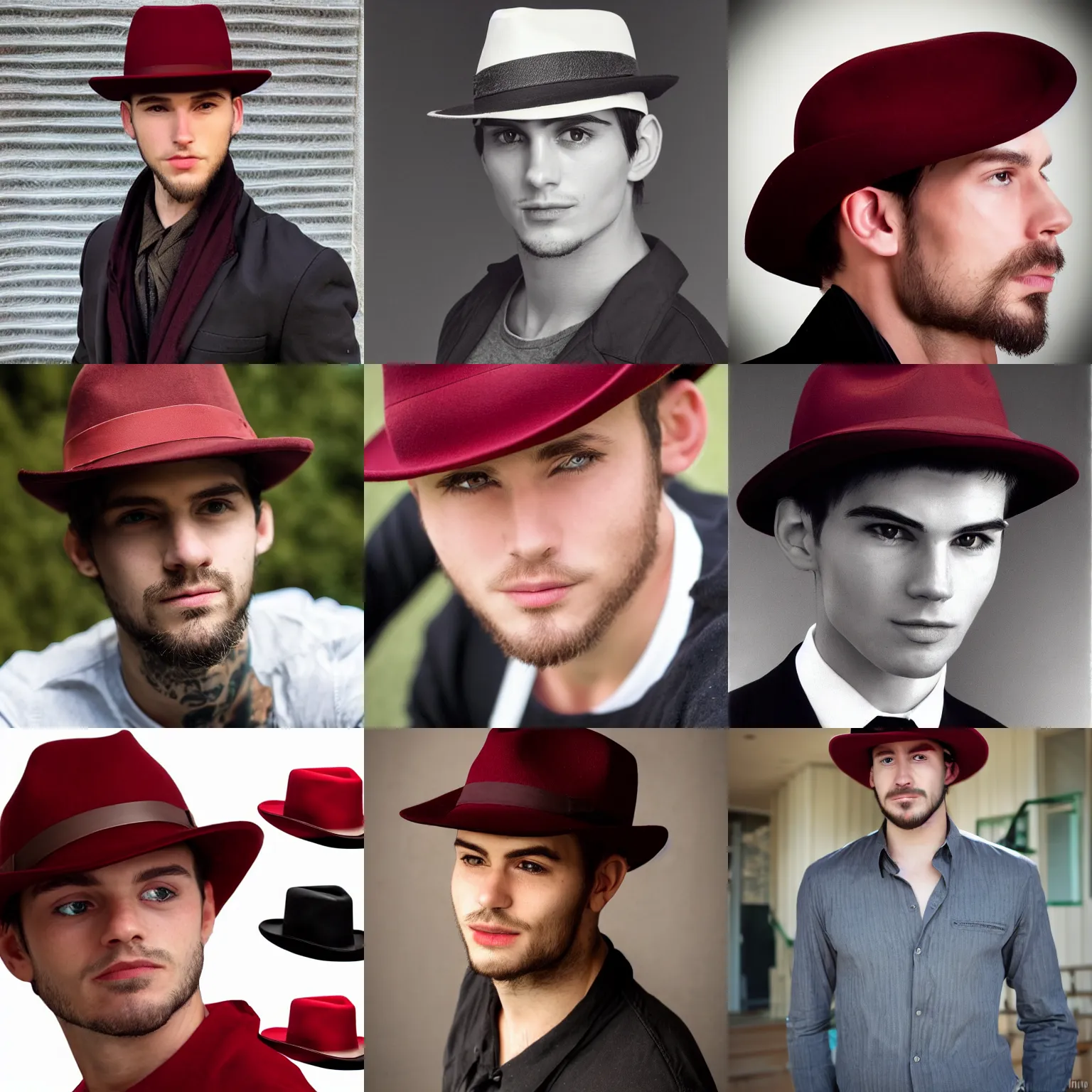 Prompt: young man square jawline ethan hawk dark red fedora hat smirk faint goatee square face