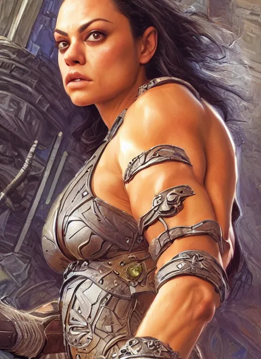 Image similar to Mila Kunis as a very muscled rugged looking Amazon, intricate, elegant, highly detailed, centered, digital painting, artstation, concept art, smooth, sharp focus, illustration, art by artgerm and donato giancola and Joseph Christian Leyendecker, WLOP