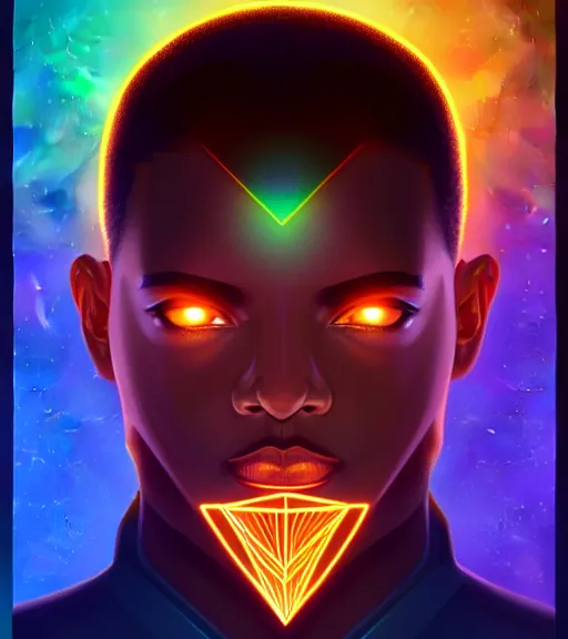 Image similar to symmetry!! egyptian prince of technology, solid cube of light, hard edges, product render retro - futuristic poster scifi, lasers and neon circuits, brown skin man egyptian prince, intricate, elegant, highly detailed, digital painting, artstation, concept art, smooth, sharp focus, illustration, dreamlike, art by artgerm