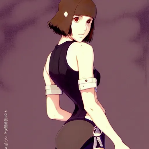 Image similar to a beautiful! boyish! natalie portman alluring gravure! model, wearing oversized mayan bomber jacket and leotard with overalls, bulky poofy bomber jacket with mayan patterns, gapmoe yandere grimdark, trending on pixiv fanbox, painted by greg rutkowski makoto shinkai takashi takeuchi studio ghibli, akihiko yoshida