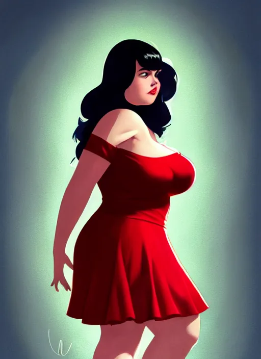 Image similar to full body portrait of teenage veronica lodge, obese, bangs, sultry, realistic, sultry smirk, wavy hair, red skirt, fat, belly, intricate, elegant, glowing lights, highly detailed, digital painting, artstation, concept art, smooth, sharp focus, illustration, art by wlop, mars ravelo and greg rutkowski