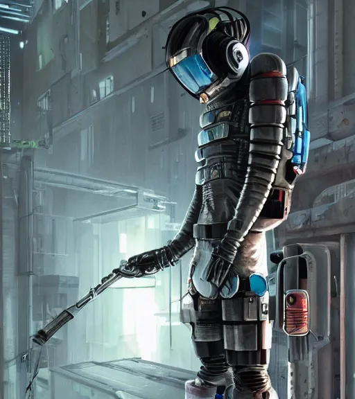 Image similar to realistic cyberpunk japanese engineer with long limbs and a black spacesuit welding a wall, techwear, dead space, visible face, Industrial Scifi, detailed illustration, character portrait, by Martin Grip and Moebius