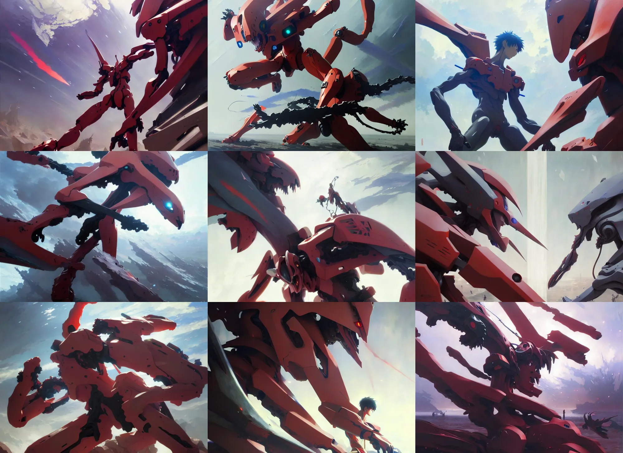 Prompt: evangelion anime battle, intricate, sharp focus, illustration, highly detailed, digital painting, concept art, matte, art by ruan jia and wlop and greg rutkowski, masterpiece