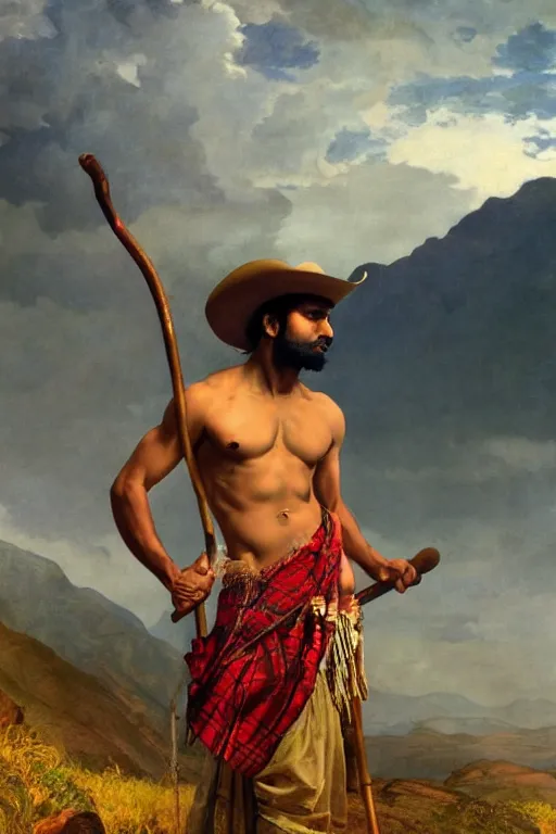 Prompt: an ethereal dramatic epic beautiful painting of a shirtless desi man | he is wearing a plaid kilt and cowboy hat, and holding a walking stick | background is mountains and clouds | dramatic lighting, golden hour, homoerotic | by mark maggiori and walter crane and alphonse mucha | trending on artstation