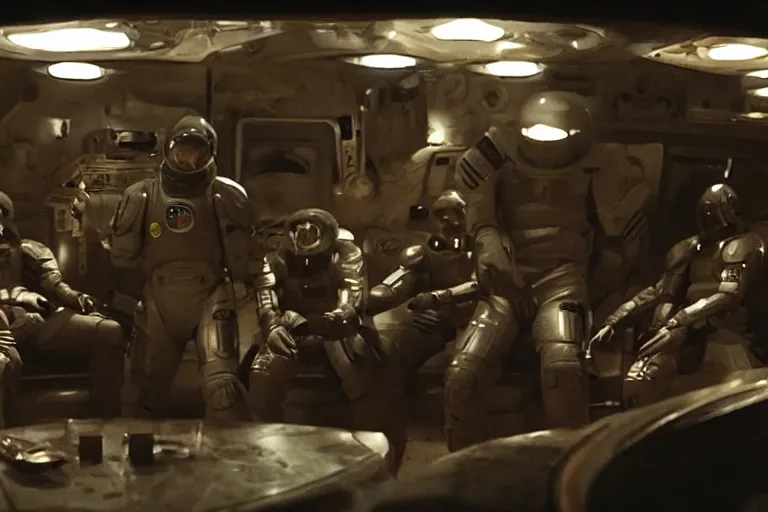 Prompt: sci-fi movie cinematography of space soldiers sitting in an alien bar. By Emmanuel Lubezki