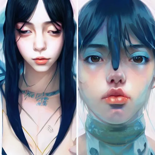 Image similar to a beautiful young japanese billie eilish kat dennings alluring instagram model in elaborate latex tank top, by guweiz and wlop and ilya kuvshinov and artgerm and makoto shinkai and studio ghibli, symmetrical eyes, aesthetic, gorgeous, stunning, alluring, attractive, artstation, deviantart, pinterest, digital art