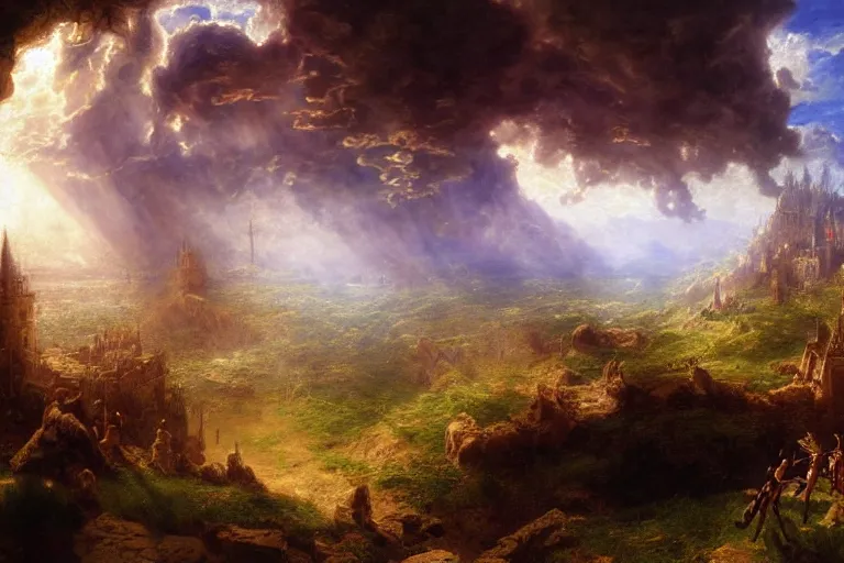 Image similar to a detailed matte landscape painting of king richard the lionhearted as a shonen anime protagonist attacking jerusalem, 8 k, volumetric lighting, in the style of disney, art by albert bierstadt and thomas moran