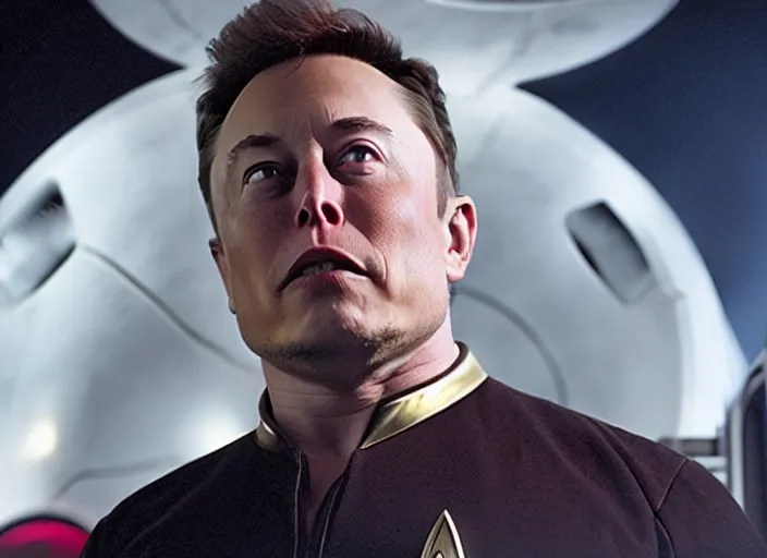 Image similar to captain elon musk of the uss enterprise, star trek, movie still, high quality, heroic, epic lighting, cinema, cinematography, directed by michael bay