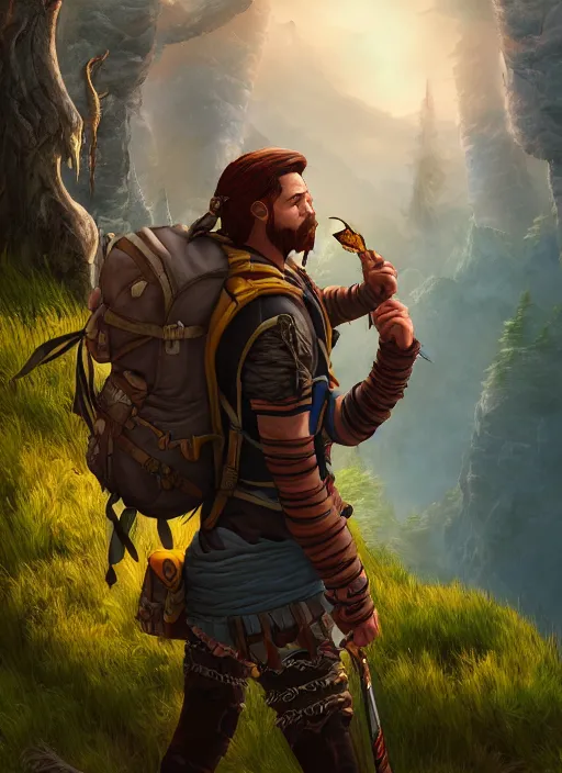 Prompt: an epic fantasy comic book style portrait painting of a male fantasy explorer in the wilds with a backpack and map, unreal 5, daz, hyperrealistic, octane render, cosplay, rpg portrait, dynamic lighting