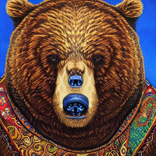 Image similar to a candid portrait of a bear wearing a paisley shirt, highly detailed, portrait painting, fairytale, fantasy, illustration by scott gustafson and art station