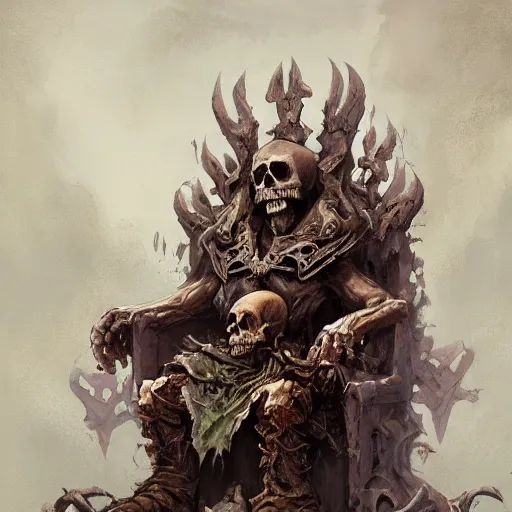 Prompt: an Evil necromancer sitting on a throne of skull, Justin Gerard and Greg Rutkowski, realistic painting, Digital art, very detailed, High definition, trending on Artstation