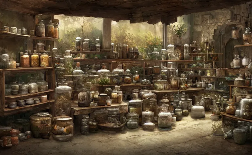 Image similar to an herbalist shop, adobe wall, simple wood shelves, lots of jars and boxes of herbs, dark fantasy matte painting in the style of ruan jia and craig mullins