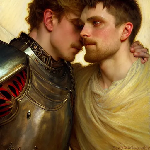 Image similar to attractive arthur pendragon and his attractive male knight, they are in love, natural lighting, path traced, highly detailed, high quality, digital painting, by gaston bussiere, craig mullins, alphonse mucha j. c. leyendecker