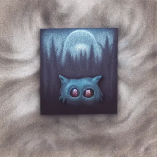 Image similar to Cuddly slime creature wandering a dark deep forest, Airbrush Style, Foggy, Moody, Horror