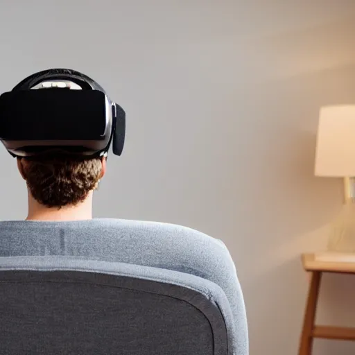 Prompt: 9 0 deg shot of a man sitting on the couch!!, watching vr in a headset!! in a darkly lit room, with a monitor behind the scene