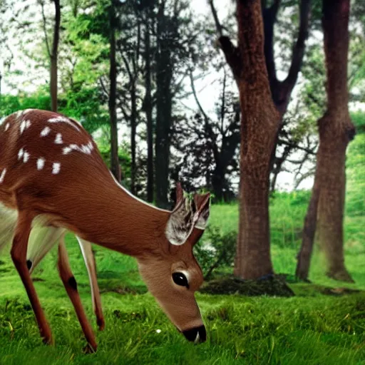 Prompt: a deer being pet by a little boy, cinematic scene