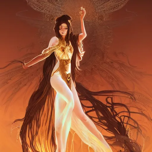 Image similar to a goddess dancing in the desert, glowing eyes, fantasy, intricate and very beautiful and elegant, highly detailed, digital painting, artstation, concept art, smooth and sharp focus, illustration, art by tan zi and ayanamikodon and alphonse mucha and wlop