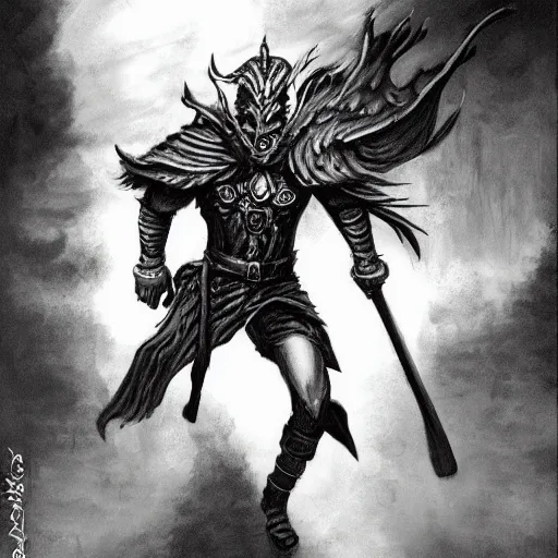 Prompt: warrior walking on the road, old school dungeons and dragons art, old school fpr, black and white image