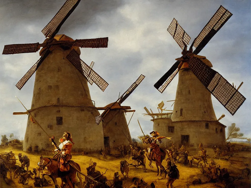 Prompt: oil painting of don quijote attacking a windmill, hyperrealism, highly detailed, in the style of rembrandt