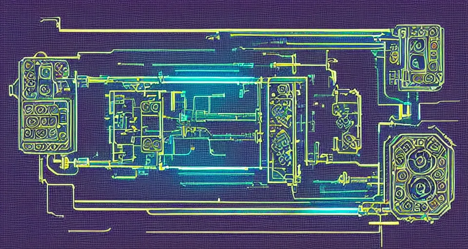 Image similar to distant orthographic product photography framing. gem encrusted crystal scheme. digitally painted render of a small square fantasy vacuum - tube circuitboard made and powered by crystalline circuitry. trending on artstation. artificer's lab bg. premium print by angus mckie and james gurney. bismuth materials