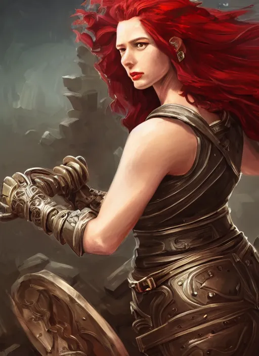 Image similar to a highly detailed illustration of fierce red haired blacksmith woman wearing blacksmith apron and armor, hyperdetailed perfect face, dramatic working pose, intricate, elegant, highly detailed, centered, digital painting, artstation, concept art, smooth, sharp focus, league of legends concept art, wlop.