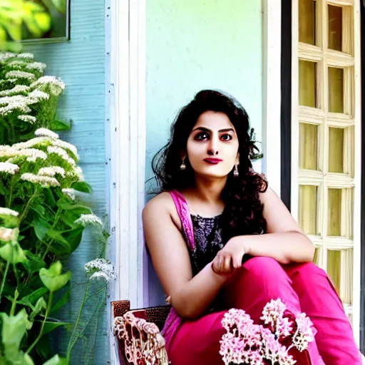 Image similar to a beautiful portrait of actress rabia soyturk sitting on the porch holding a flower, in front of the house