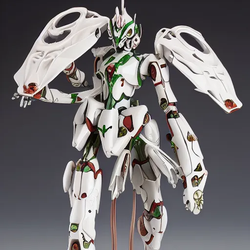 Prompt: futuristic trichosanthes mecha snake gourd body, sepals forming helmet, floral details, trichosanthes, 8 k hd resolution, barbatos gundam with floral inlay, bandai box art, star wars, makoto kobayashi, frank gehry, raymond swanland