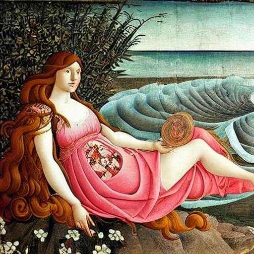 Image similar to an ultradetailed mythological oil painting of a beautiful woman with long brown hair, full body, wearing pink floral chiton, lying on a giant scallop shell, near the seashore, intricate lines, elegant, renaissance style, by sandro botticelli