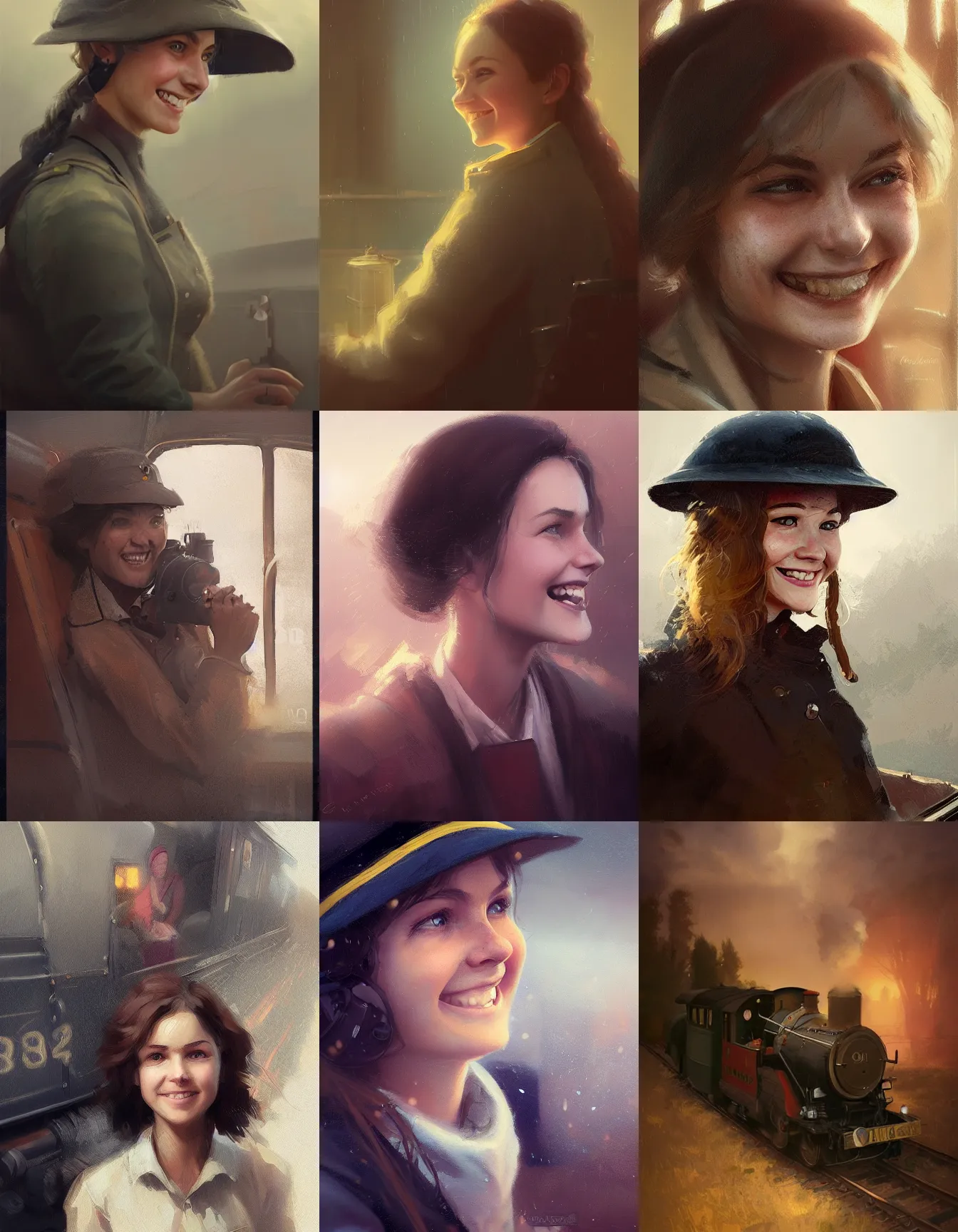 Prompt: young female steam train driver, smiling, digital portrait by greg rutkowski, intricate, soft focus, highly detailed, cinematic, epic, artstation