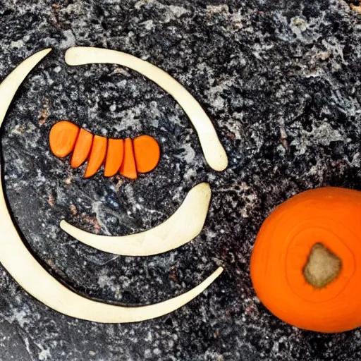 Prompt: a logo of carrot and moon carved on a granite wall