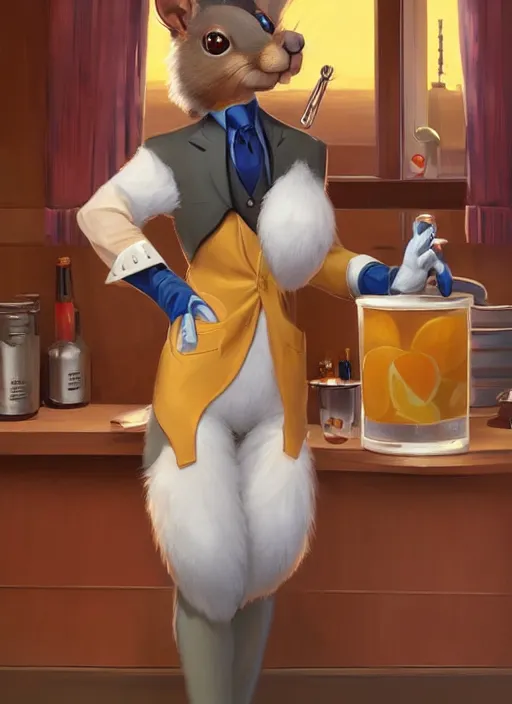 Image similar to squirrel anthro as a dapper bartender with a big, fluffy tail, retro futurism, art deco, detailed, painterly digital art by WLOP and Cory Loftis, 🍸🍋, furaffinity, trending on artstation