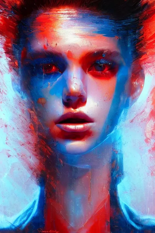 Prompt: 3 d, sci - fi, sun rays, sleepy fashion model face, detailed faces aside, cinematic, vogue cover style, poster art, light red and deep blue mood, realistic painting, intricate oil painting, high detail, figurative art, multiple exposure, poster art, 3 d, by tooth wu and wlop and beeple and greg rutkowski