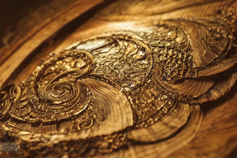 Image similar to an intricate seashell is on a wooden table, close up view, dramatic lighting, DOF, intricate artwork by alphonse mucha and Ruan Jia