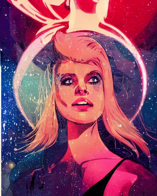 Prompt: a pulp illustration of a gorgeous young woman in dead space, with wild blonde hair and haunted eyes, 1 9 7 0 s, space station, neon light showing injuries, delicate ex embellishments, painterly, offset printing technique