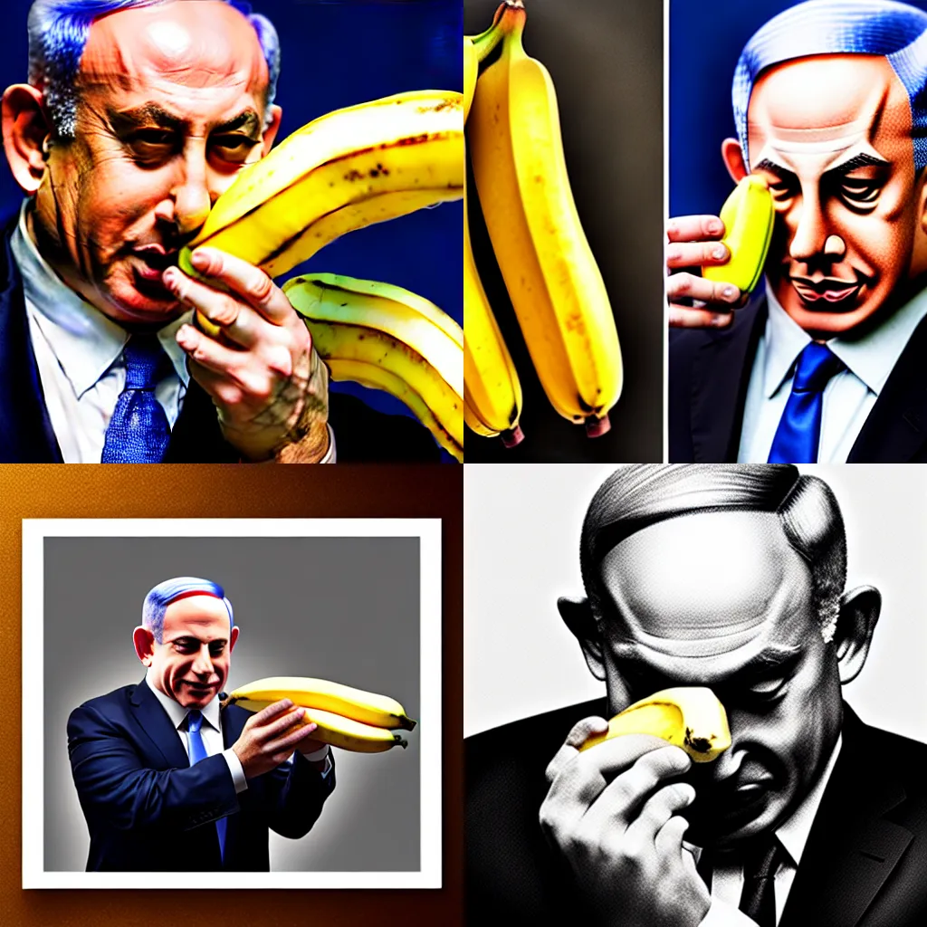 Prompt: benjamin netanyahu eating a banana realistic photography