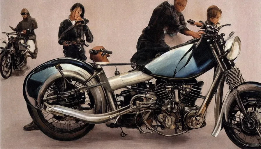 Image similar to painting by borremans, motorbike from tron movie in front of the mirror, detailed, stunning