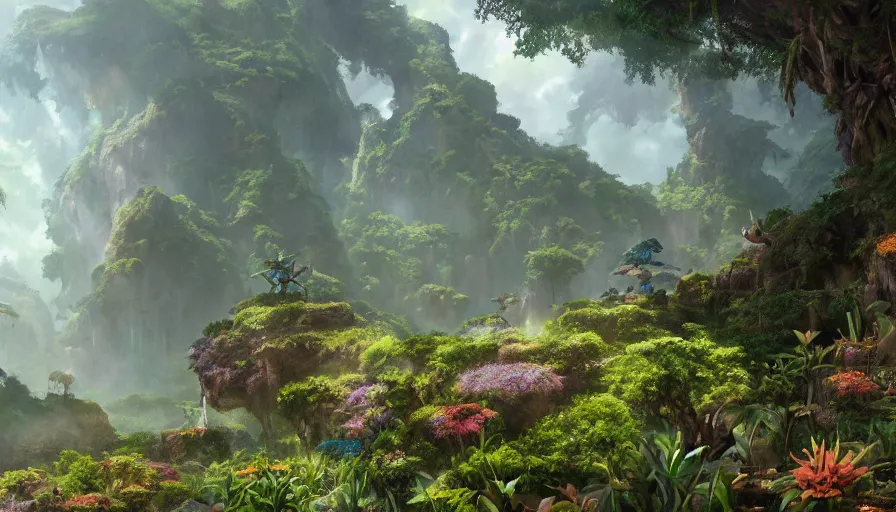 Image similar to craig mullins and ghibli digital illustration of the beastlands, avatar ( 2 0 0 9 ), lush landscape, jungle landscape, colorful, flowers unreal engine, hyper realism, realistic shading, cinematic composition, realistic render, octane render, detailed textures, photorealistic, wide shot,