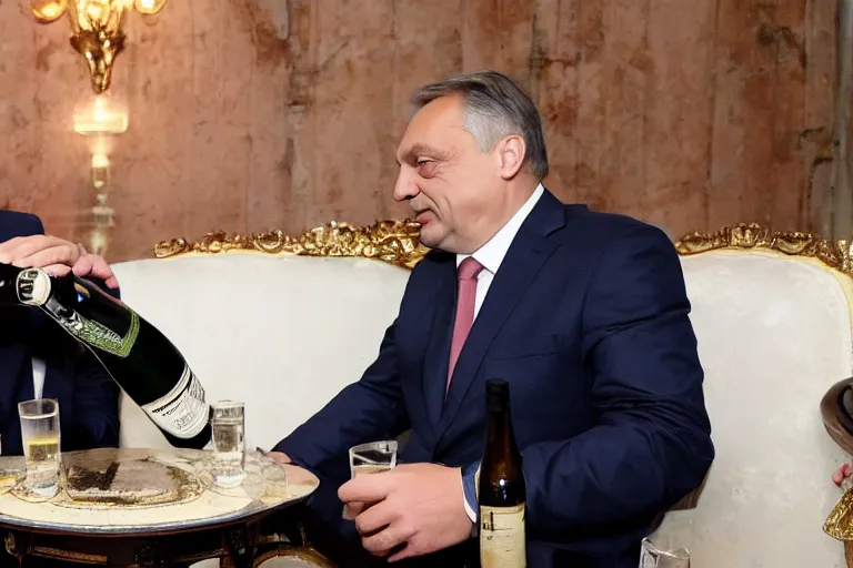 Image similar to viktor orban drinking champagne with putin in front a burning city