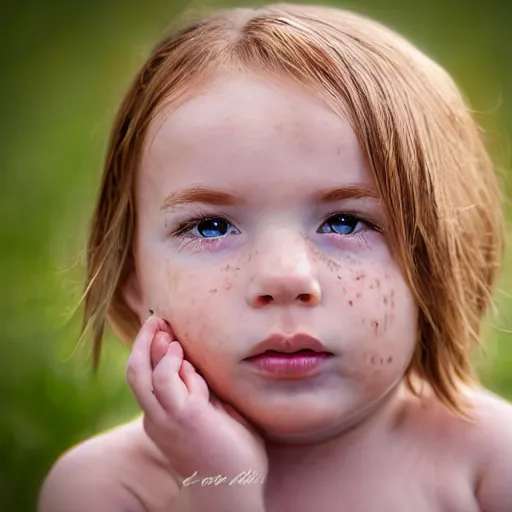 Prompt: perfect baby beauty itself. with a bit of freckles and beautiful bright green eyes red curled hair perfect light pink lips stare intently, award winning studio portrait