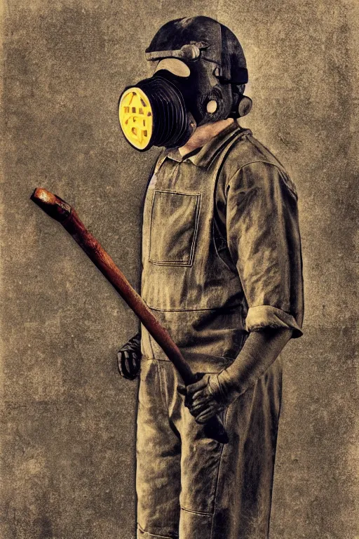 Image similar to a man in overalls and a gas mask with a helmet, holding a pickaxe in one hand and lowered the other, standing against the background of a heart, superrealism, high-quality details, realistic materials, attention to detail, elaborated depth of field, high-quality composition
