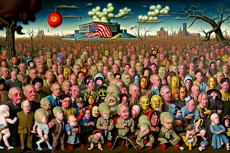 Image similar to a sparsely populated strange battle in an old hospital between old people and babies Robert Williams Mark Ryden and Alex Gross, Todd Schorr highly detailed deep perspective perfect composition