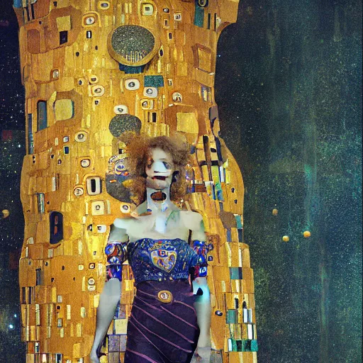 Prompt: portrait of a surreal goddess floating in front of a futuristic ancient Atlantis, painting by Gustav Klimt and Greg Rutkowski