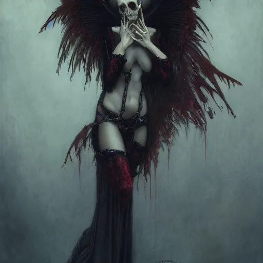 Image similar to gustave dore beautiful desirable vampire girl with ivory skull wings with some crimson, black background, beautifully lit, hyperdetailed, lighting, featured on artstation, by james jean, moebius, cory loftis, craig mullins, rutkowski, mucha klimt and tom bagshaw, 4 k, micro details