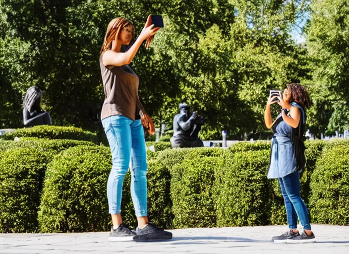 Image similar to photo still of a bronze statue of a woman using an iphone to take a selfie, in a park on a bright sunny day, 8 k 8 5 mm f 1 6