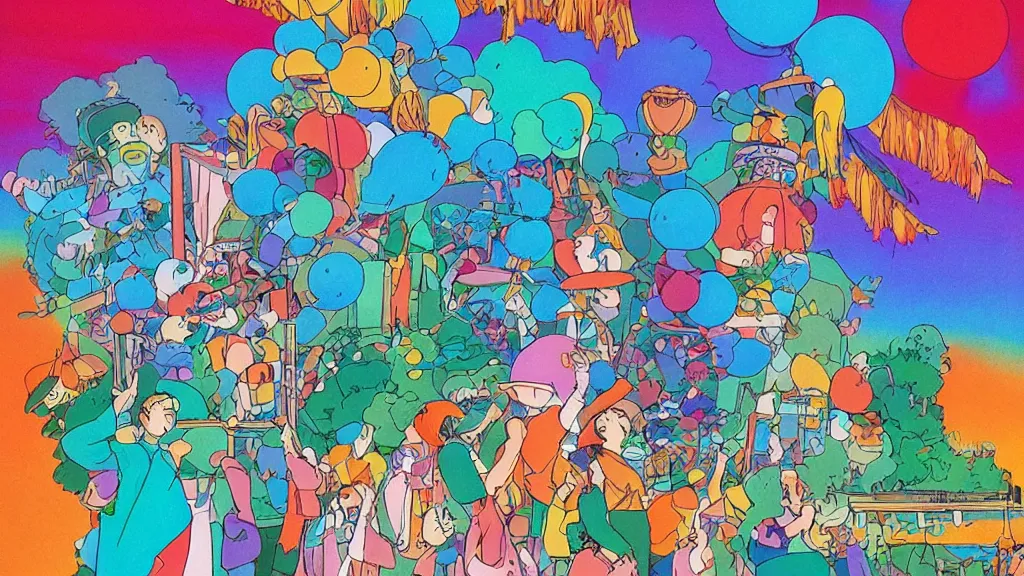 Image similar to party at midnight, bay area, peyote colors, by studio ghibli