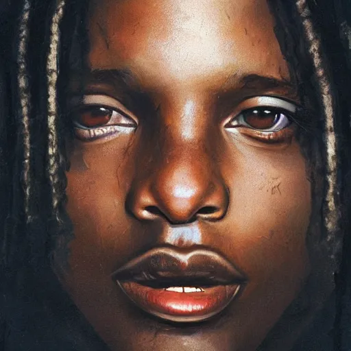 Prompt: closeup portrait of asap rocky, dramatic light, gorgeous view, depth, high detail, digital art, painted by greg rutkowski and seb mckinnon, by tim burton, trending on artstation