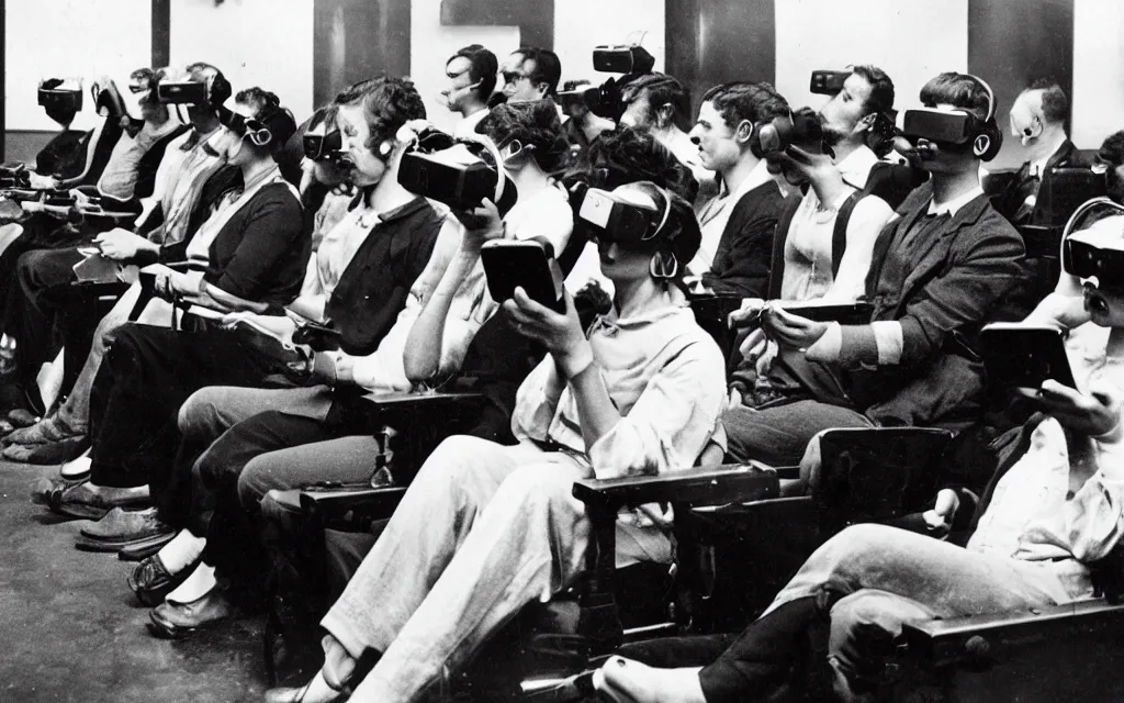 Image similar to 1 9 0 0 s photo of people using iphones ipods virtual reality headsets vr in a movie theater