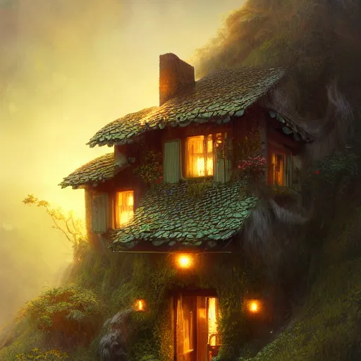 Prompt: small hillside house made of honey and milk, modern lighting, hyper - realistic, hyper - detailed, 8 k, octane rendered, art nouveau, organic, flowing, impossible torsion, writhing, dusk, lush, dynamic, in the style of ross tran and jean baptiste monge