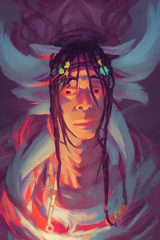 Prompt: Portrait of yokai shaman king, japan, in neon forest, digital art from artstation by Ruan Jia and Mandy Jurgens and Artgerm and Andreas Rocha and Greg Rutkowski