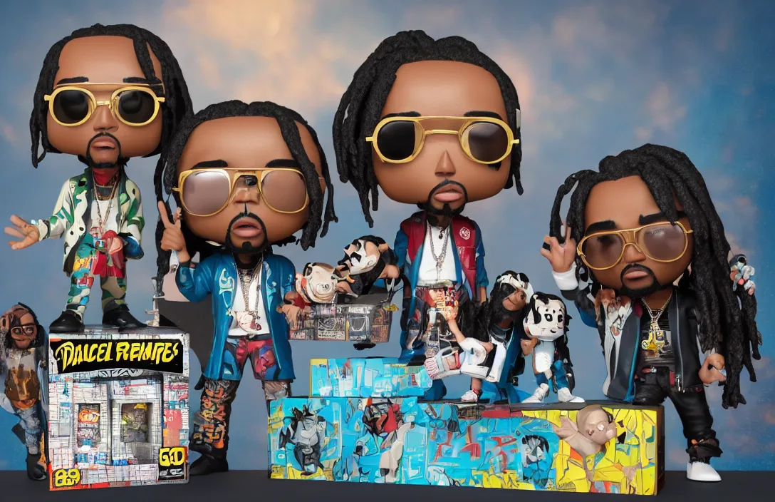 Image similar to three funko pops of rap trio migos members quavo, offset and takeoff, product shot, macro, hyper realistic, octane render, unreal engine, 4 k, 8 k